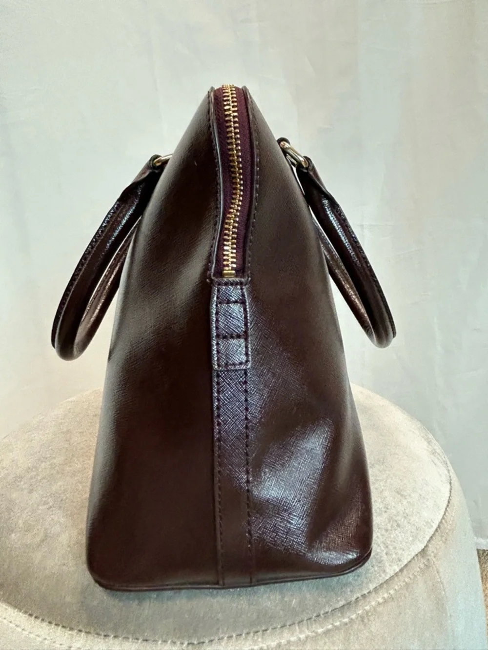 DKNY Dark Brown Saffiano Leather Satchel with Gold Plaque